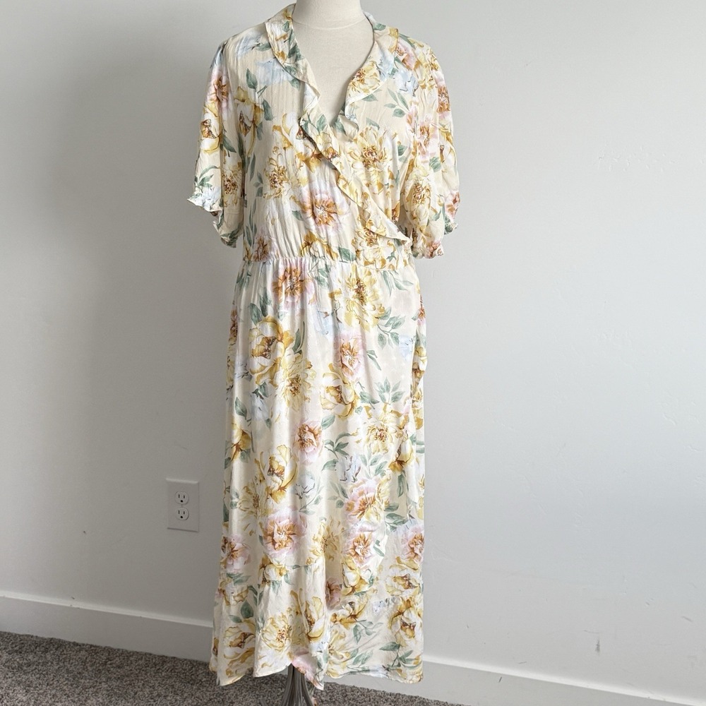 Old Navy Wrap Dress Plus Size 2X Cottage‎ Fairy Yellow Floral Boho Party Teacher